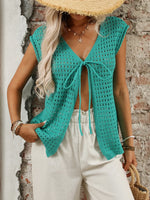 Tied Front Openwork V-Neck Knit Top