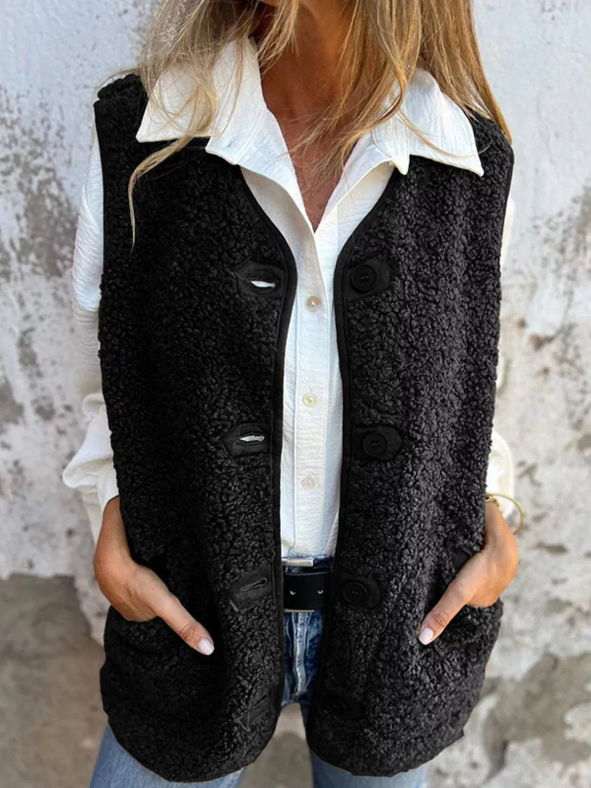 Full Size Cozy Sherpa Fleece Button-Up Vest Coat with Pockets Plus Size