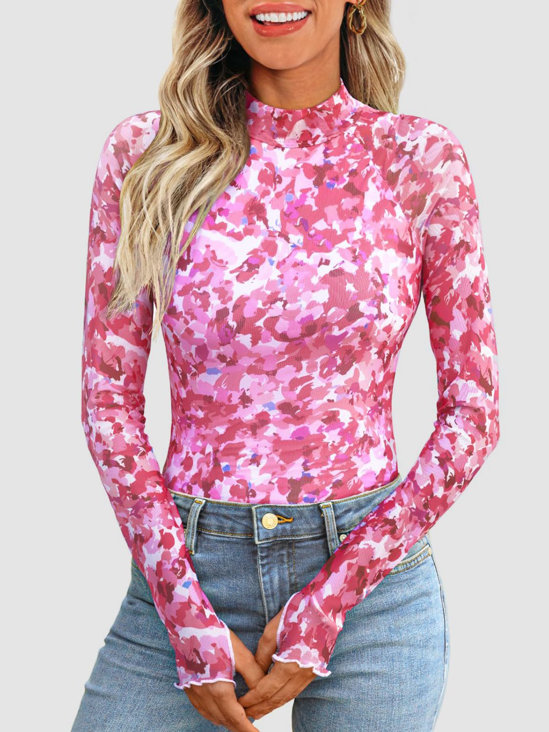 Floral Mock Neck Long Sleeve T-Shirt - Ladyez
