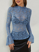 Mock Neck Long Sleeve Lace Top - Ladyez