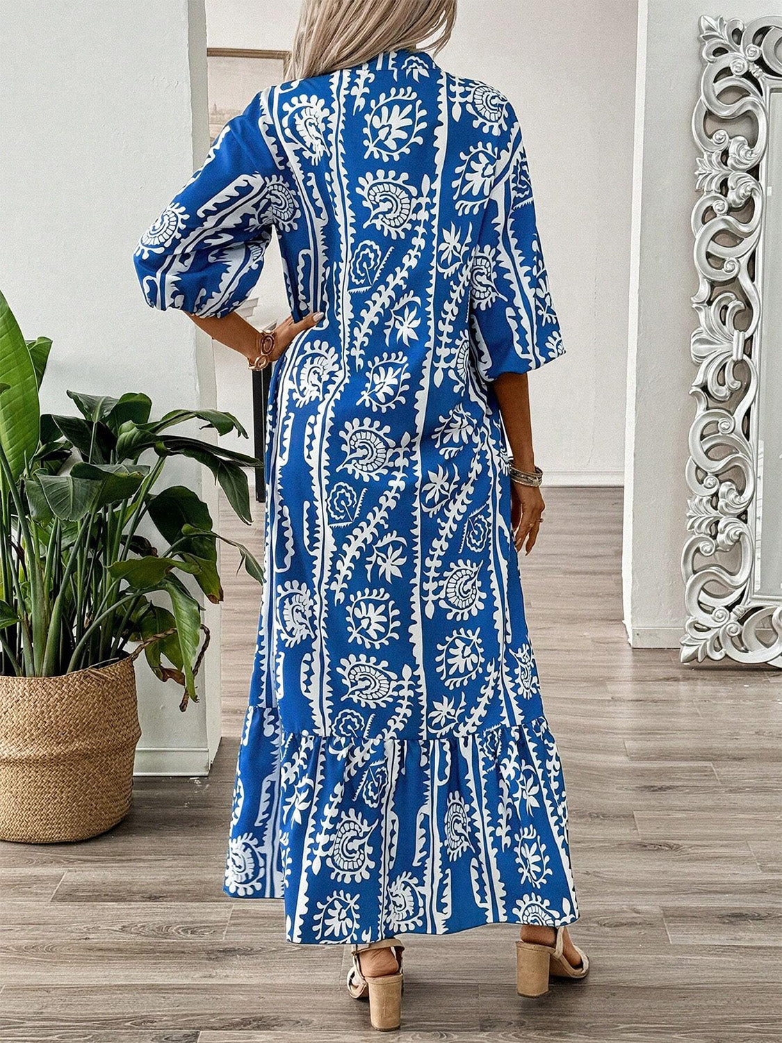 Printed Notched Half Sleeve Maxi Dress - Ladyez