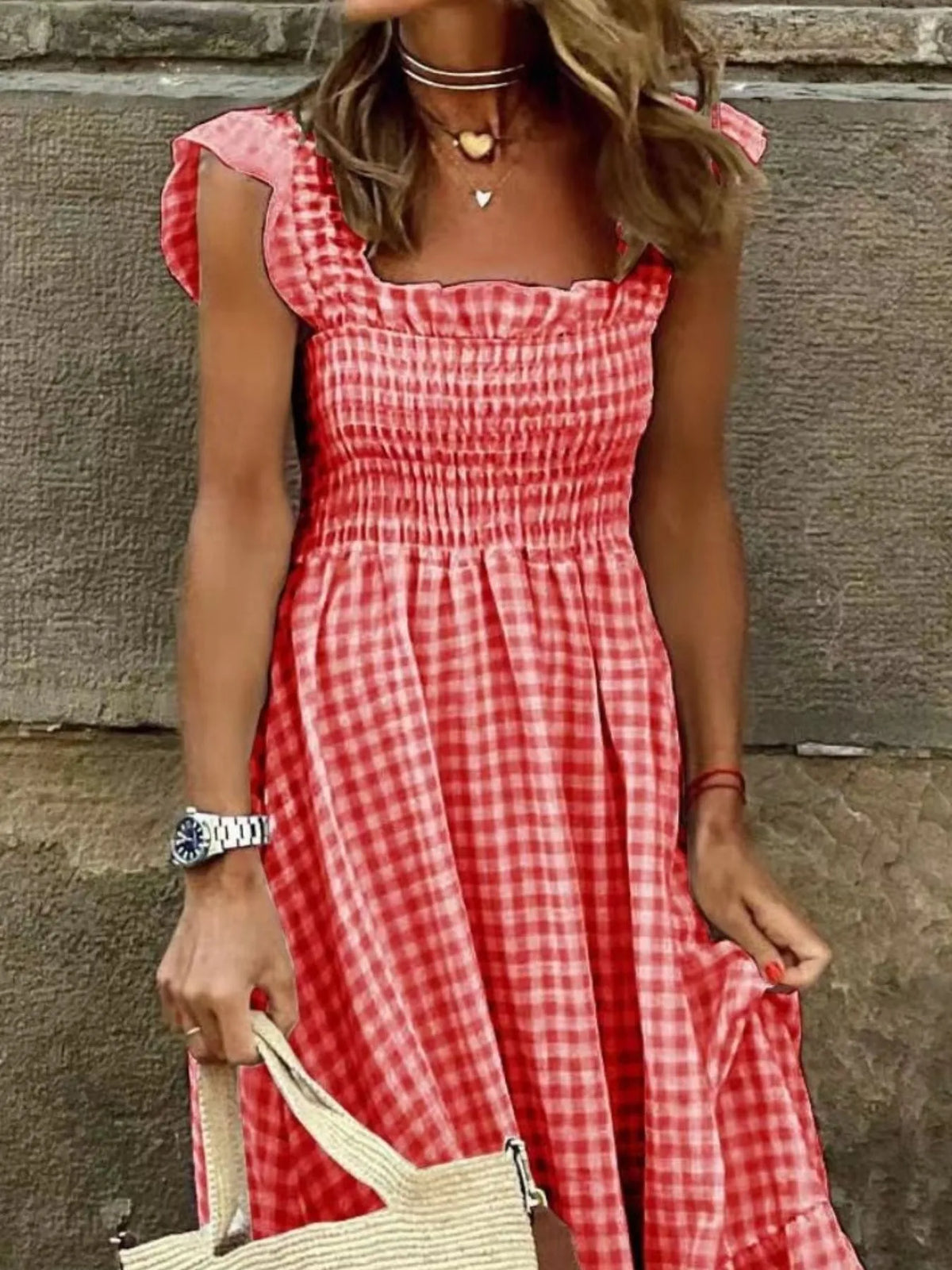 Smocked Gingham Maxi Dress with Ruffle Straps - Ladyez