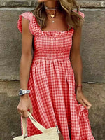 Smocked Gingham Maxi Dress with Ruffle Straps - Ladyez