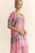 Davi & Dani Multi Floral Square Neck Puff Sleeve Maxi Dress