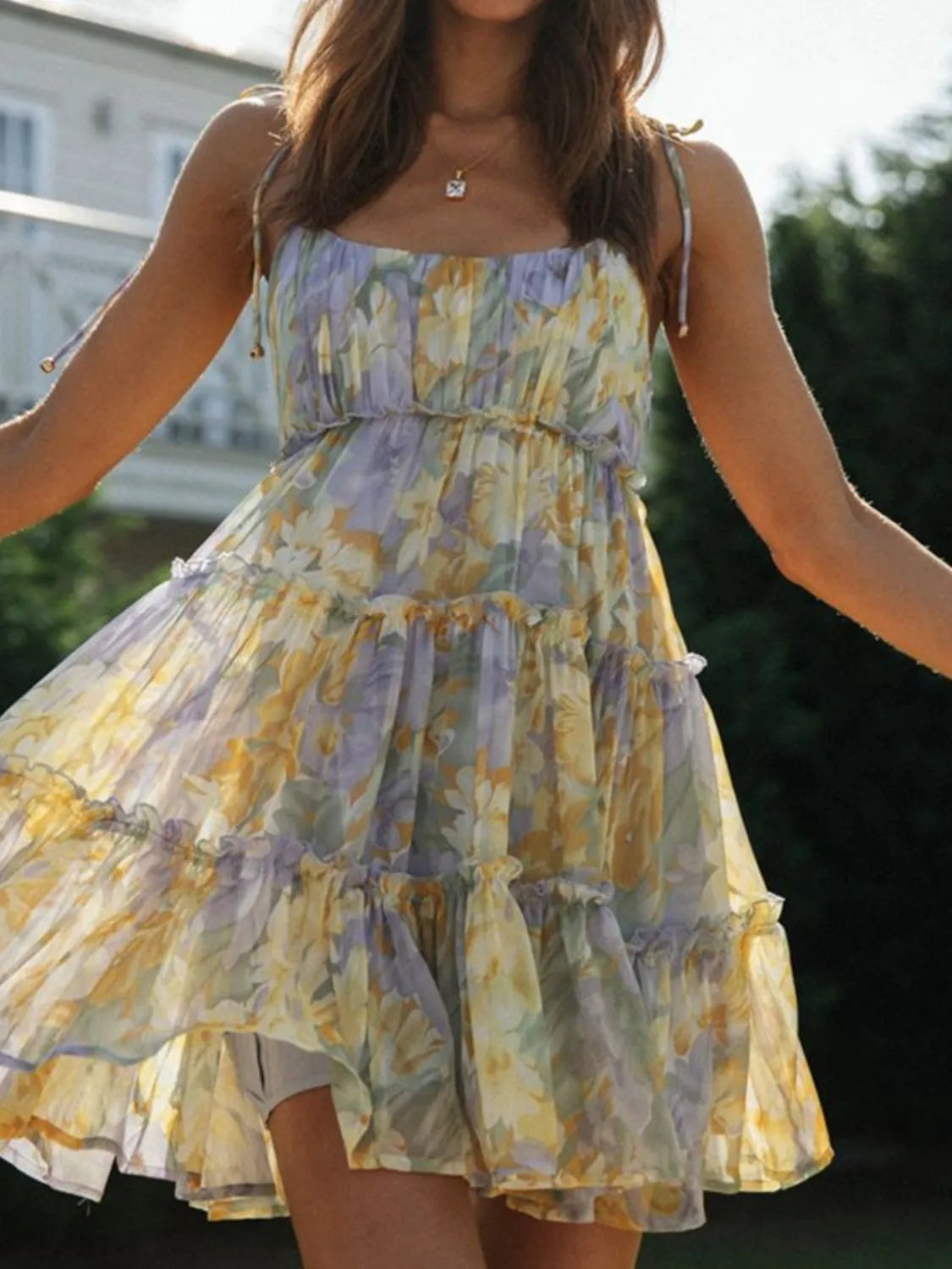 Frill Printed Square Neck Mini Cami Dress