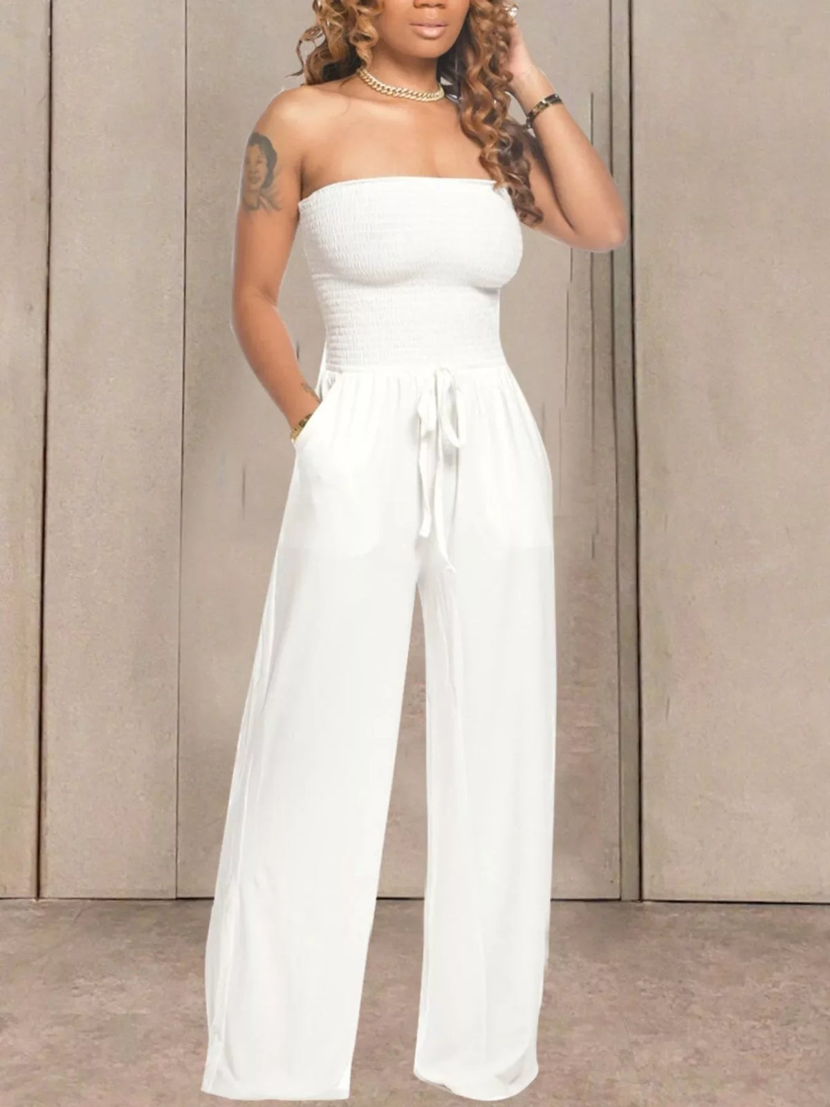 Strapless Smocked Wide-Leg Jumpsuit