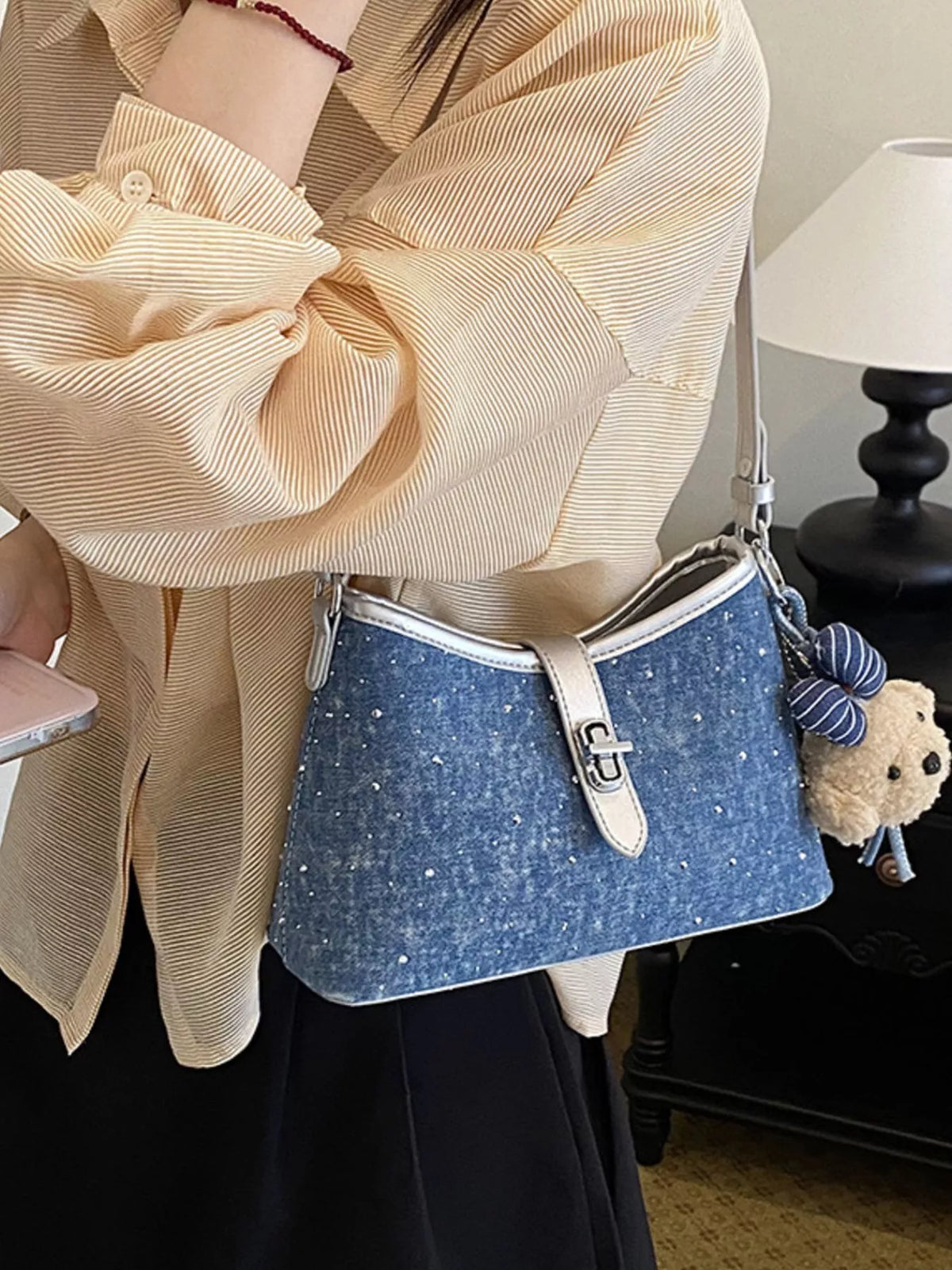 Buckle Detail Denim Shoulder Bag