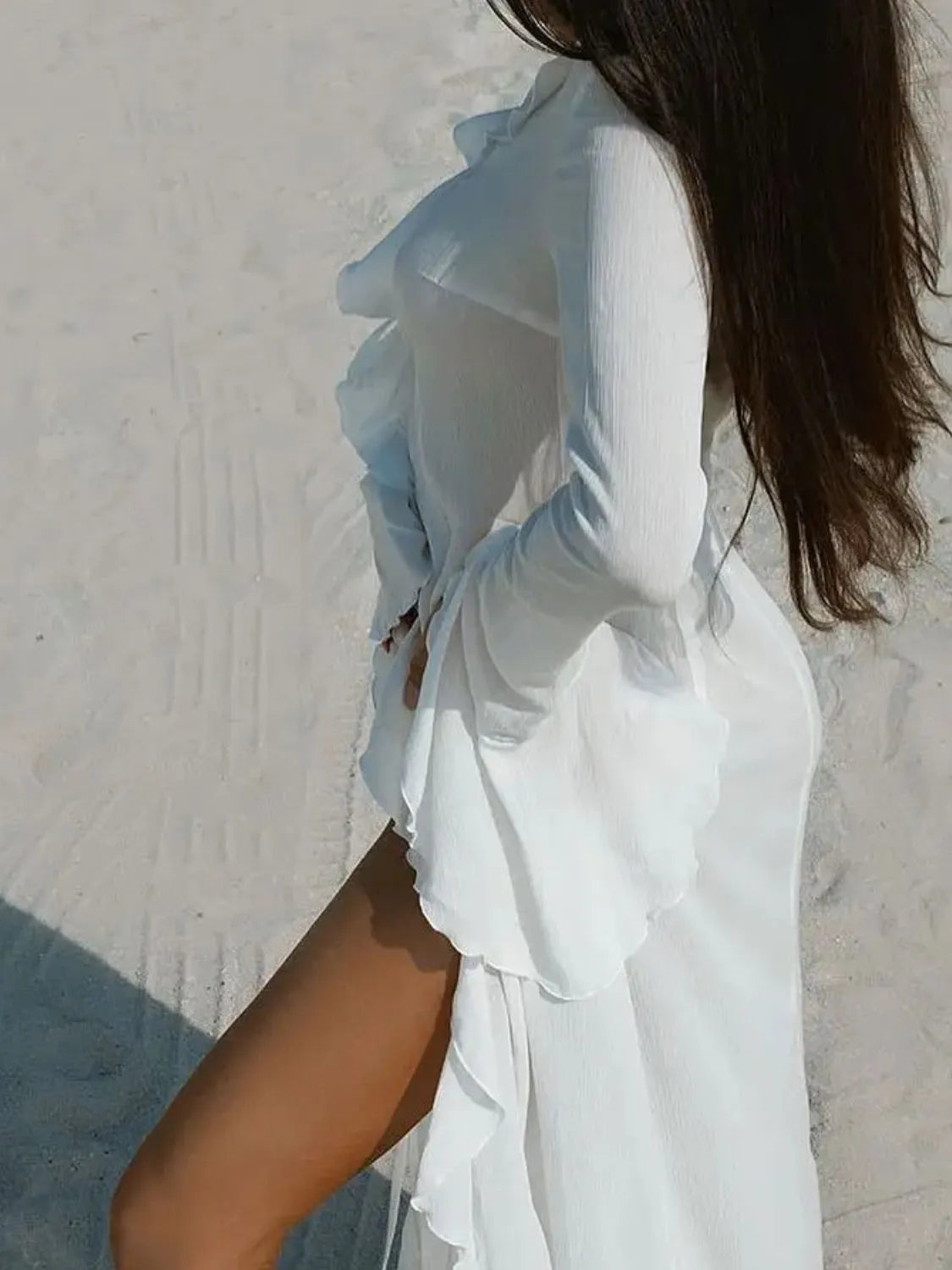 Ruffled Long Sleeve Cover-Up Dress - Ladyez