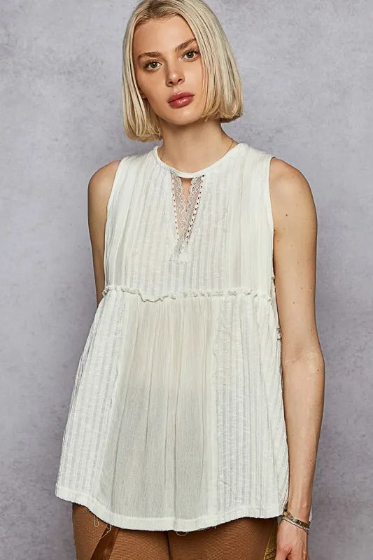 POL Lace Trim Round Neck Tank with Pintuck Detail - Ladyez