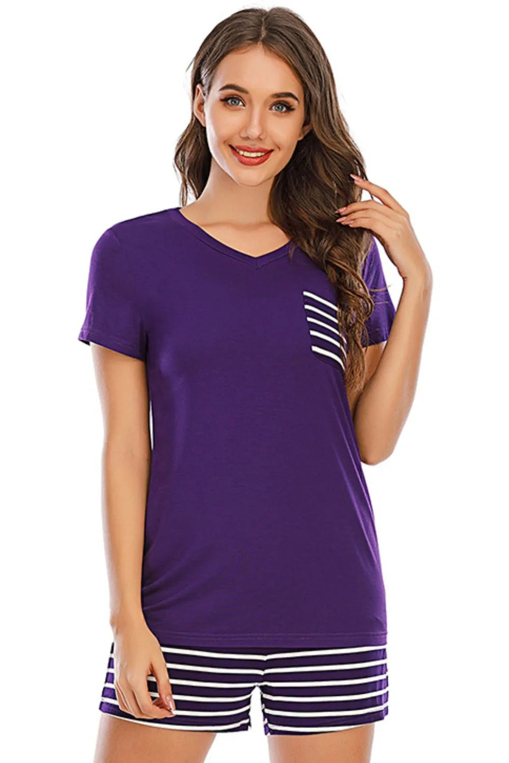 Striped Short Sleeve Top and Shorts Lounge Set - Ladyez