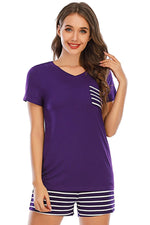 Striped Short Sleeve Top and Shorts Lounge Set - Ladyez