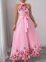Halter Neck Floral Print Pleated Maxi Dress