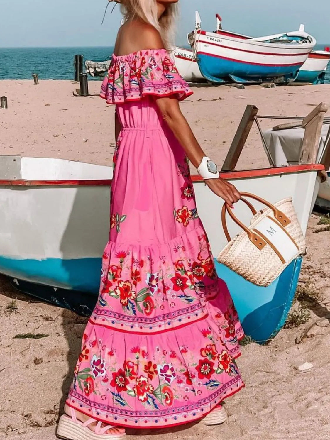 Floral Off Shoulder Ruffle Maxi Dress - Ladyez