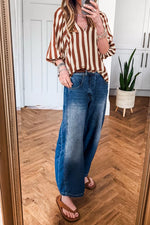 Striped Notched Half Sleeve Casual Blouse