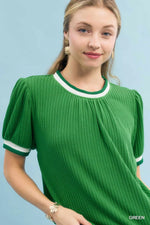 Umgee Puff Sleeve Knit Top with Contrast Rib Trim