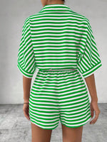 Tie Waist Half Button Striped Romper - Ladyez