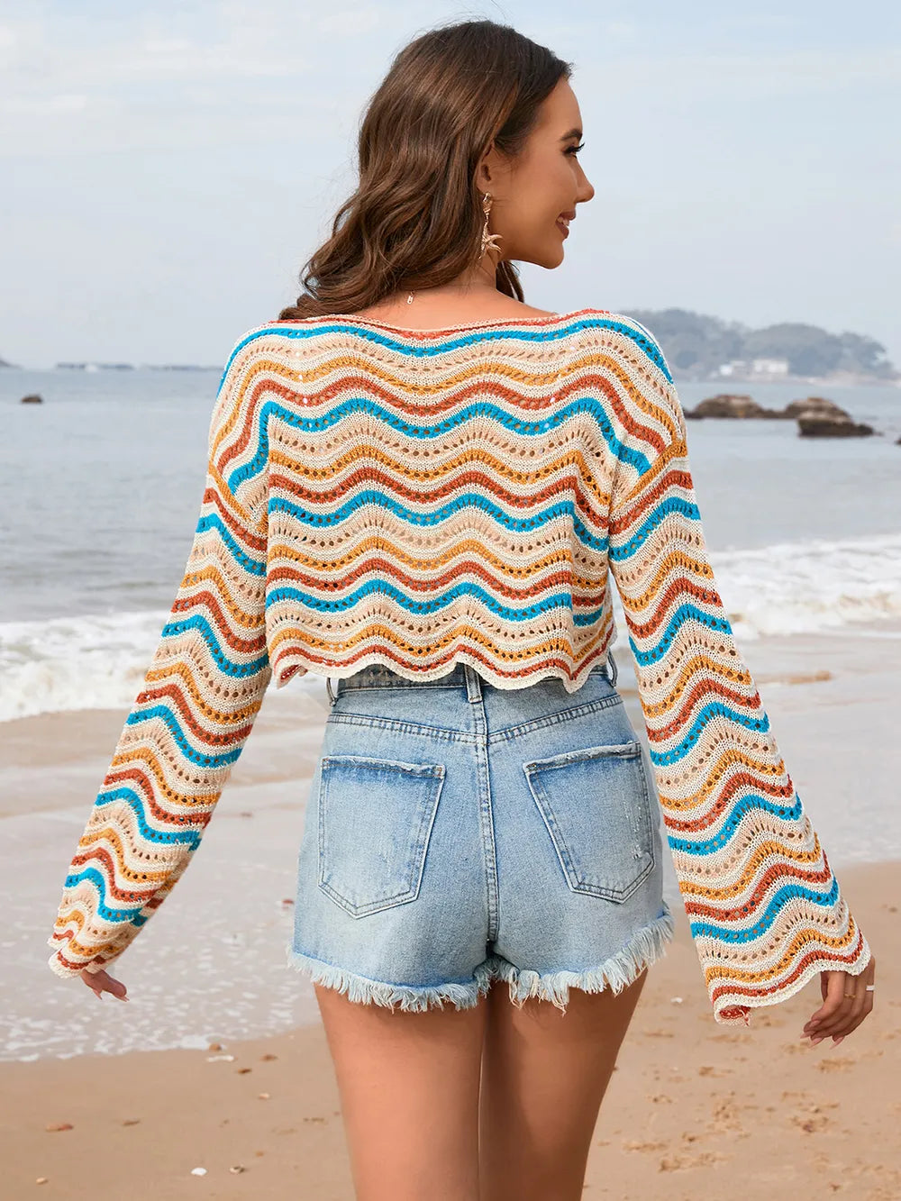 Striped Boat Neck Long Sleeve Cover Up - Ladyez