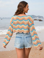 Striped Boat Neck Long Sleeve Cover Up - Ladyez