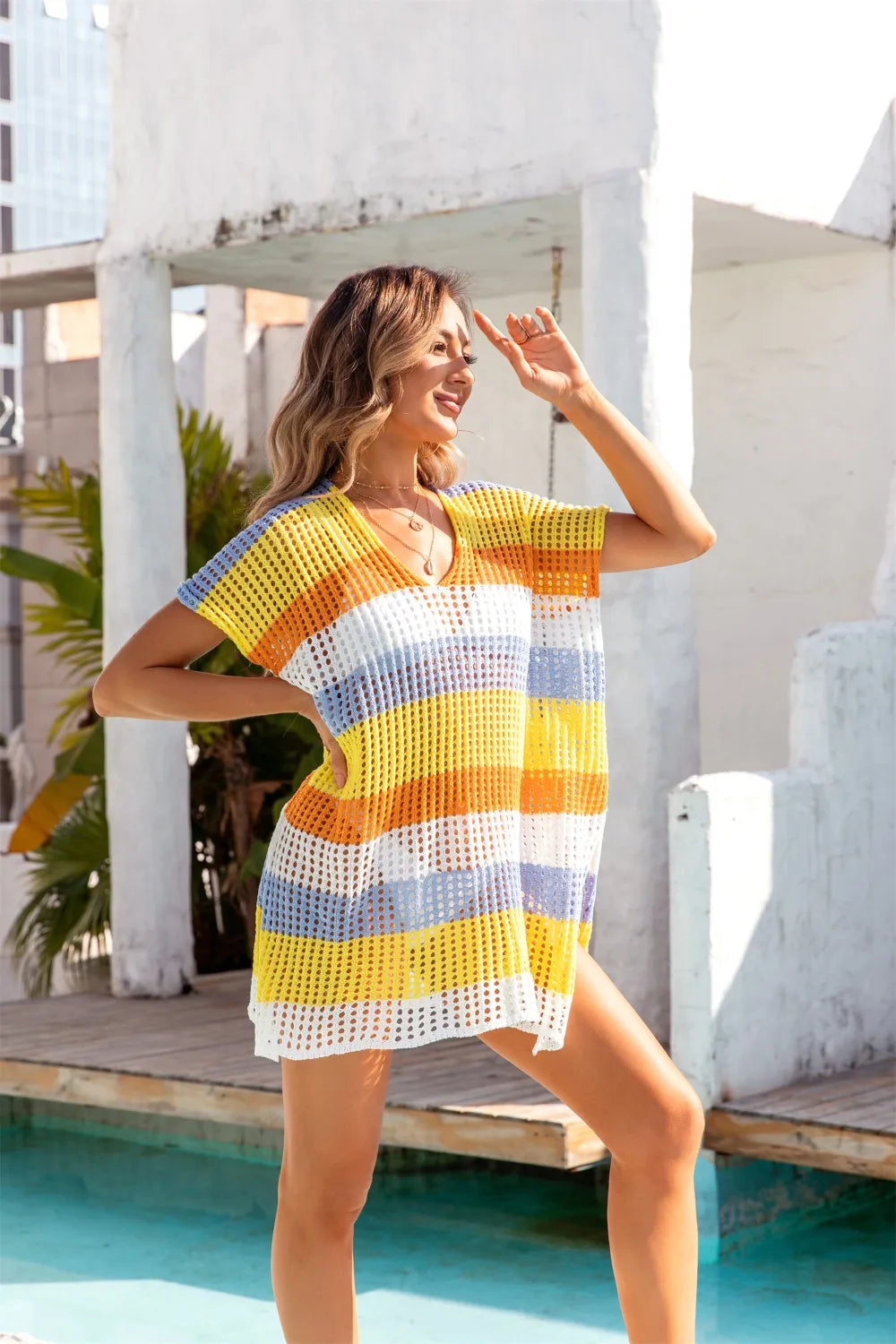 Angel Wings Openwork Striped V-Neck Short Sleeve Cover Up - Ladyez