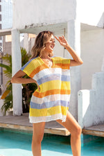 Angel Wings Openwork Striped V-Neck Short Sleeve Cover Up - Ladyez