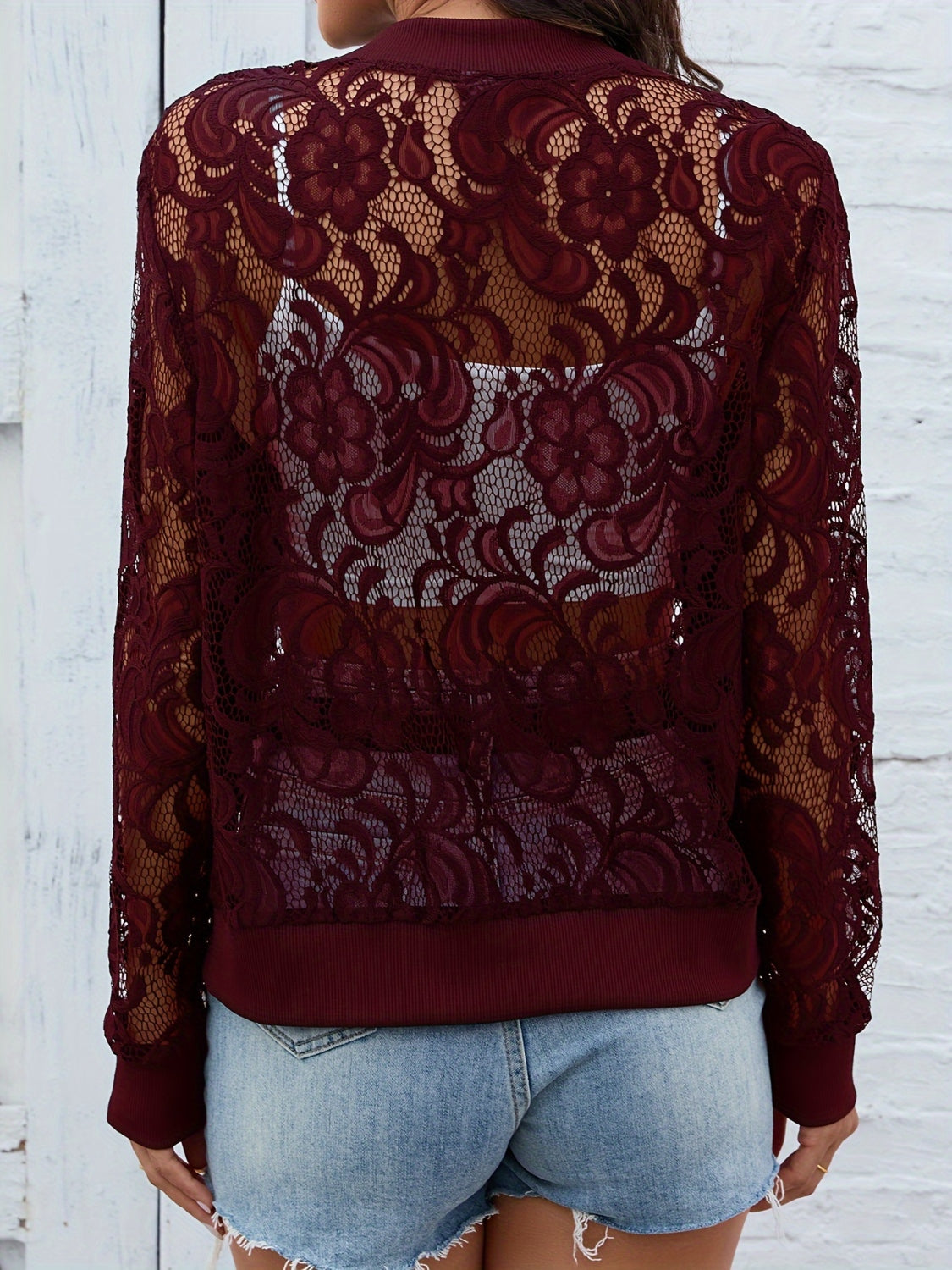 Sheer Lace Zip Up Long Sleeve Jacket - Ladyez