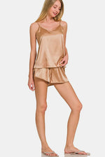 Zenana V-Neck Satin Cami and Elastic Waist Shorts Lounge Set - Ladyez