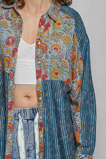 POL Patchwork Mixed Textured Paisley Floral Stripe Long Sleeve Shirt