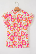 Floral Ruffled Sleeve Ric-Rac Trim Split Neck Loose Blouse