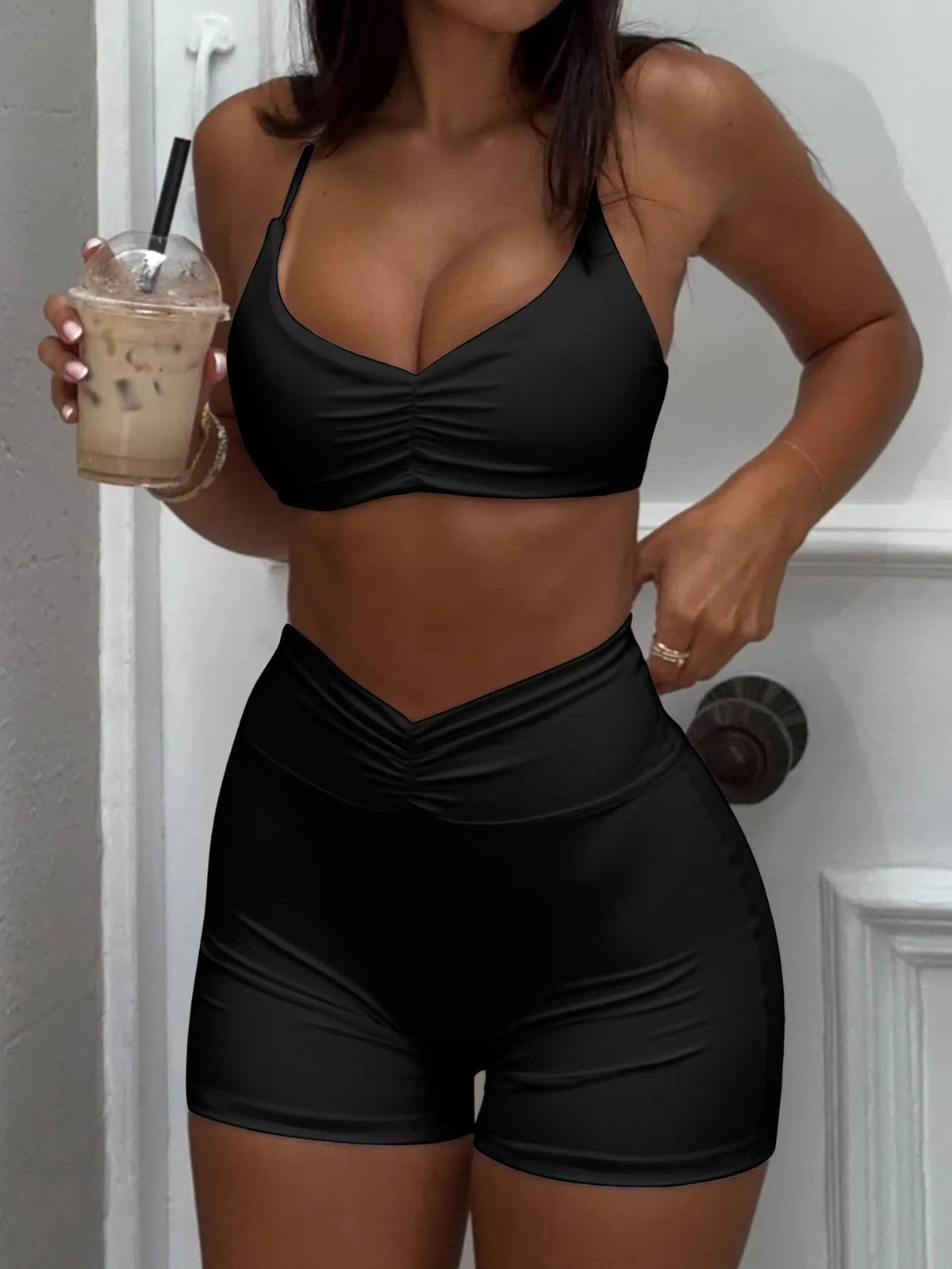 Ruched Sports Bra and High-Waisted Shorts Active Set - Ladyez
