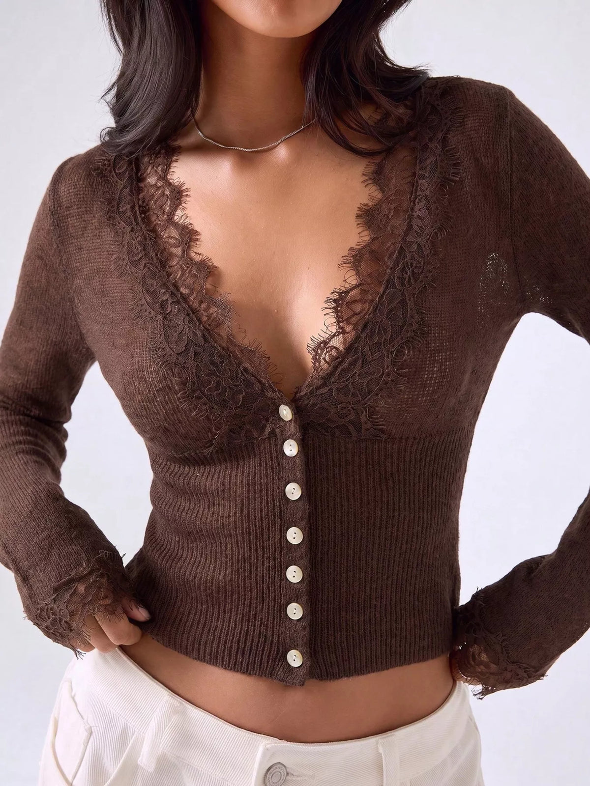 Lace-Trimmed V-Neck Button-Down Cardigan