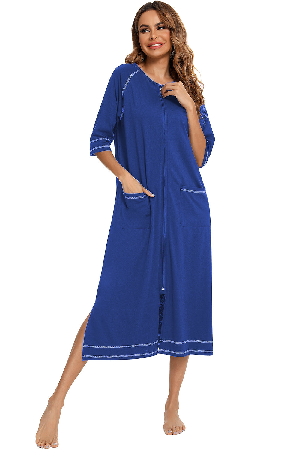 Zip Up Slit Round Neck Night Dress with Pockets - Ladyez