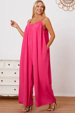 Double Take Full Size Ruffle Trim Tie Back Cami Jumpsuit with Pockets