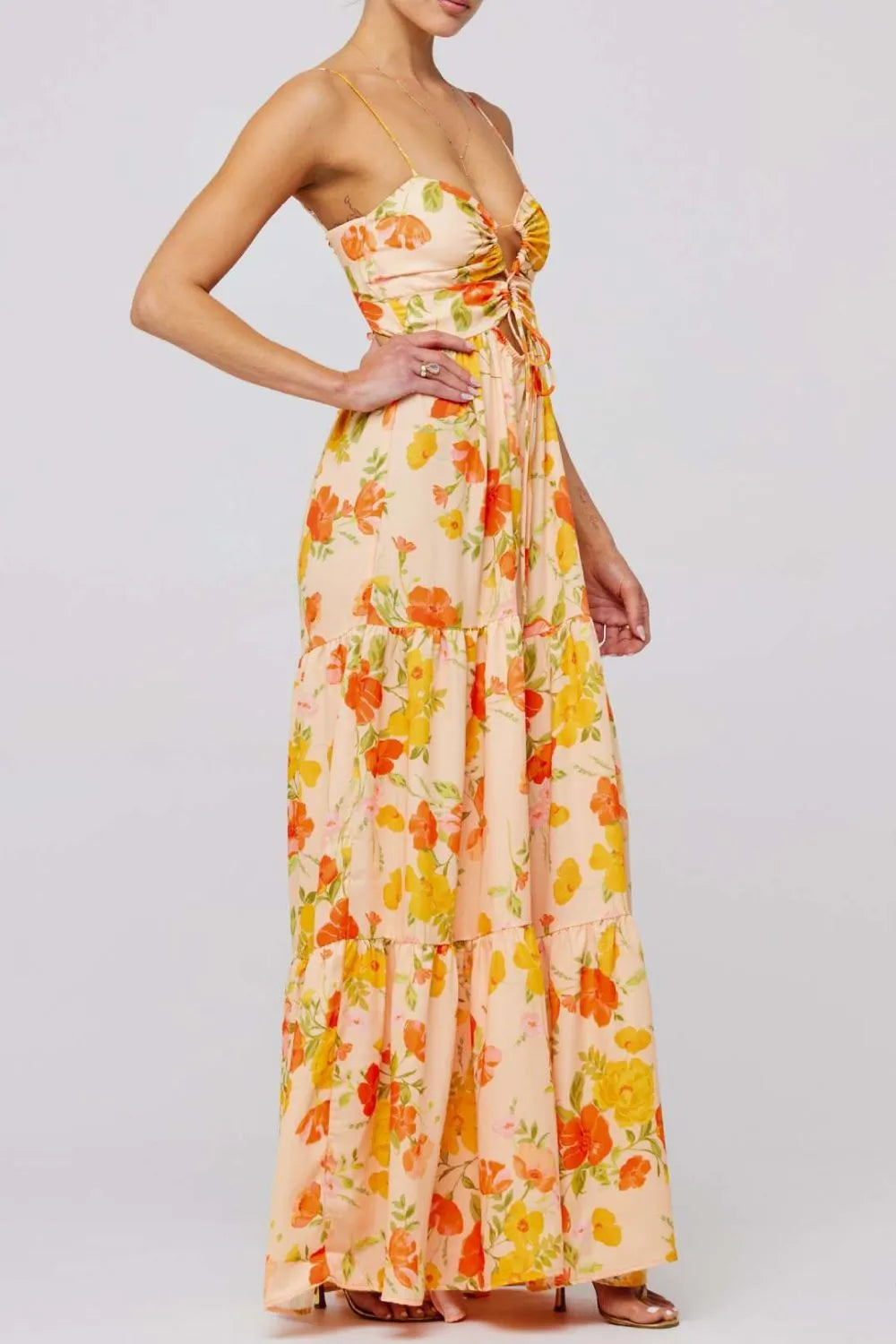 Floral Print Tie Front Tiered Maxi Dress - Ladyez