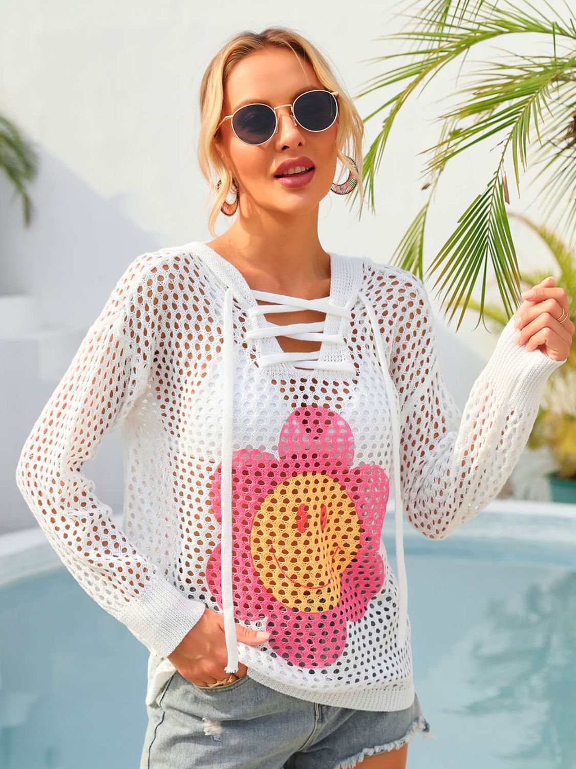 Angel Wings Flower Graphic Lace-Up Openwork Hooded Cover Up - Ladyez
