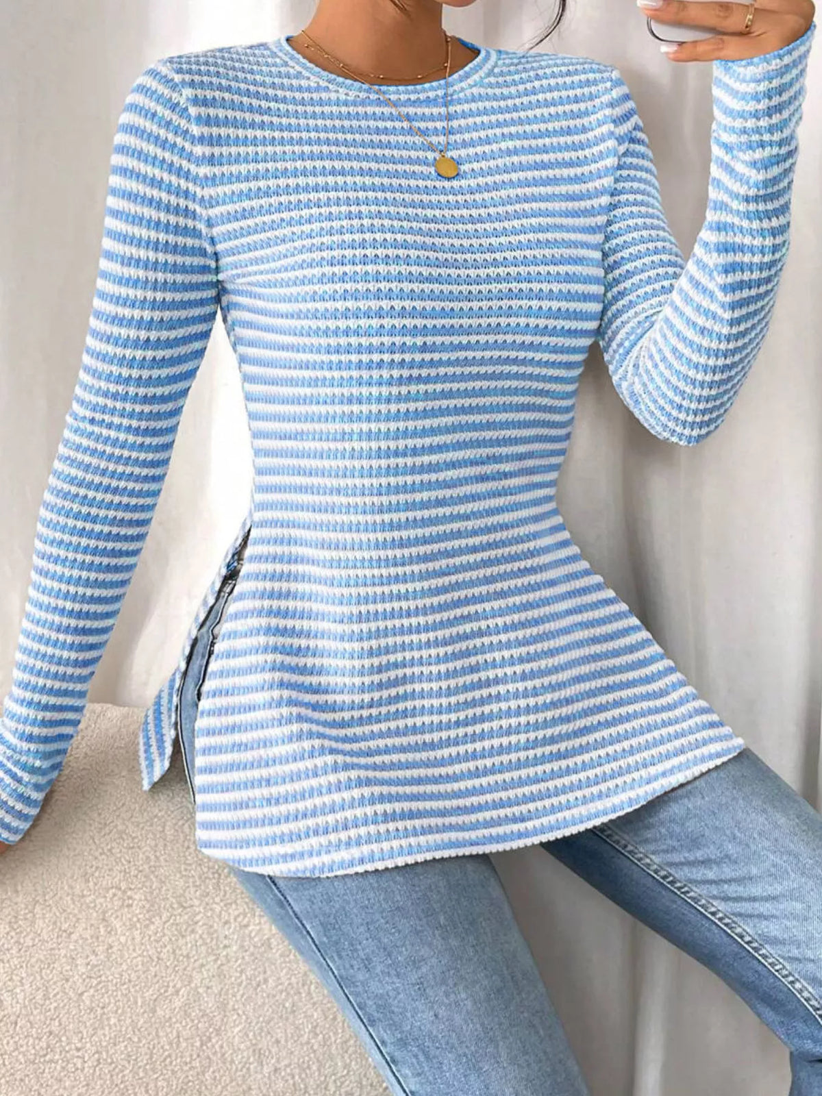 Slit Striped Long Sleeve Casual T-Shirt