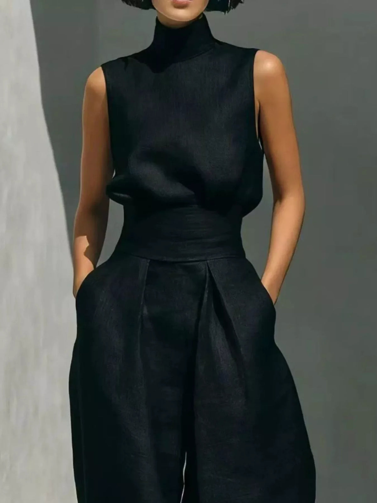 High Neck Sleeveless Top and Wide Leg Pants Set