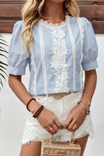 Lace Detail Striped Round Neck Half Sleeve Blouse - Ladyez