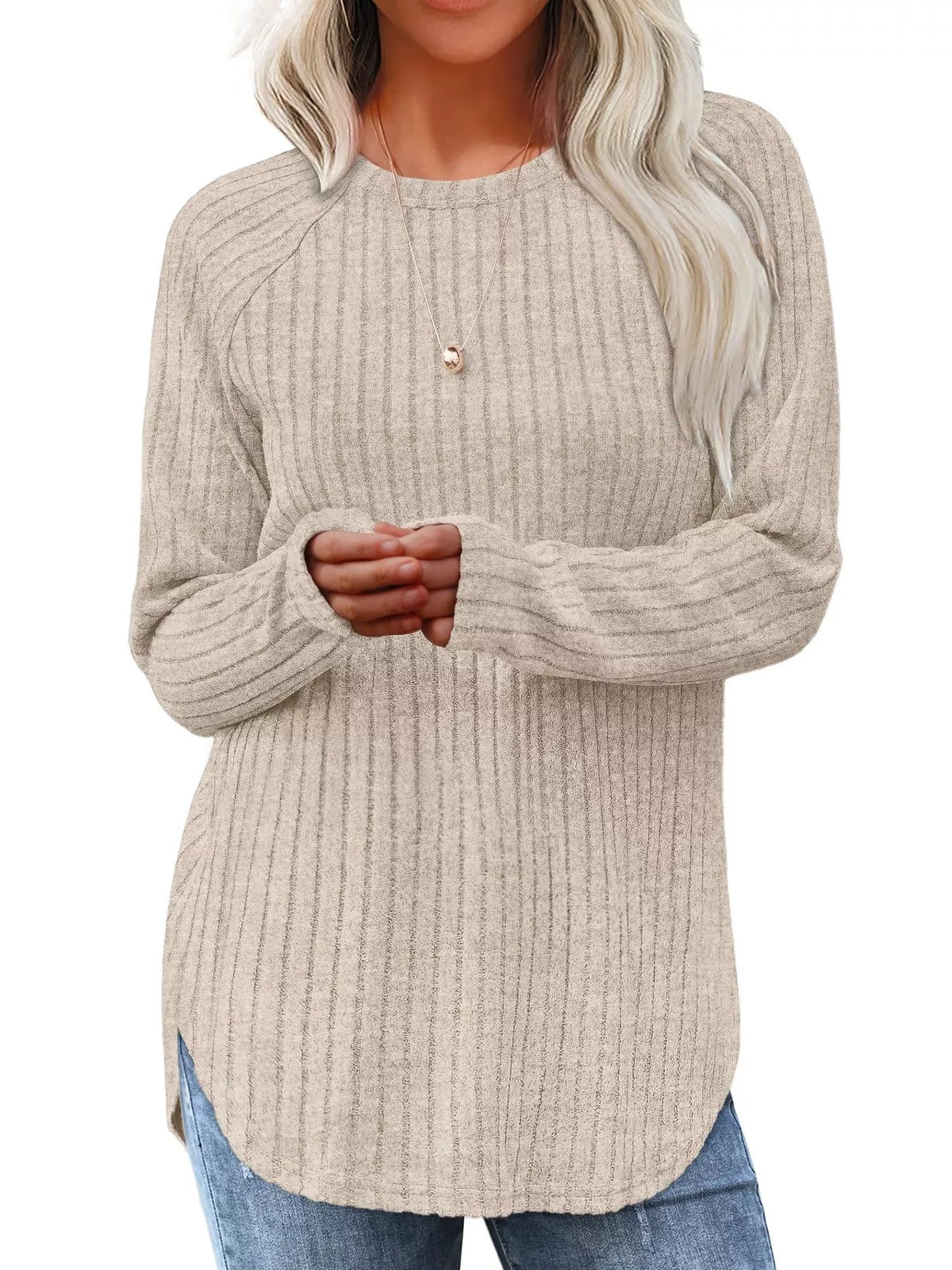 Ribbed Knit Long Sleeve T-Shirt