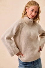 BiBi Two Tone Rib Texured Knit Collared Top with Zip Up