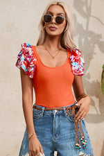 Scoop Neck Flounce Sleeve Bodysuit - Ladyez