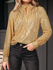 Metallic Balloon Sleeve Buttoned High Neck Loose Blouse