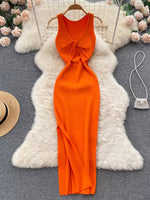 Knot Back Sleeveless Knit Bodycon Midi Dres