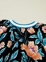 Floral Short Bubble Sleeve Buttoned Notched Neck Blouse
