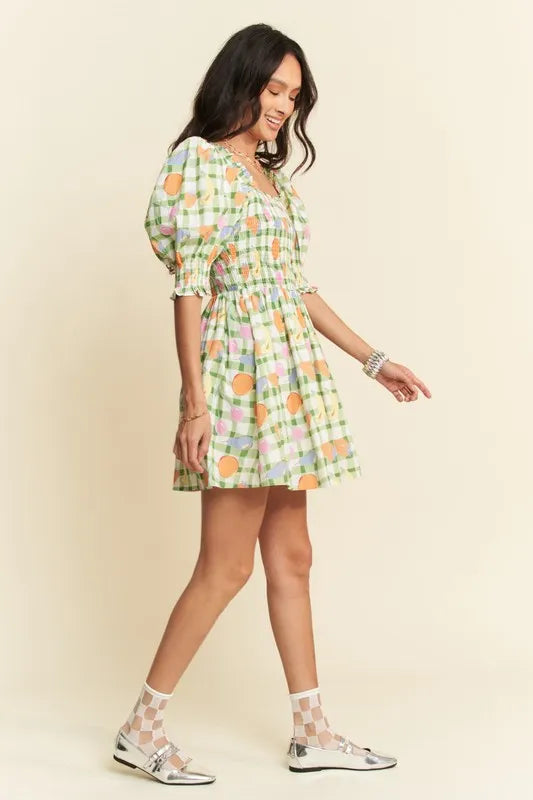Davi & Dani Fruits Printed Smocking Mini Dress - Ladyez