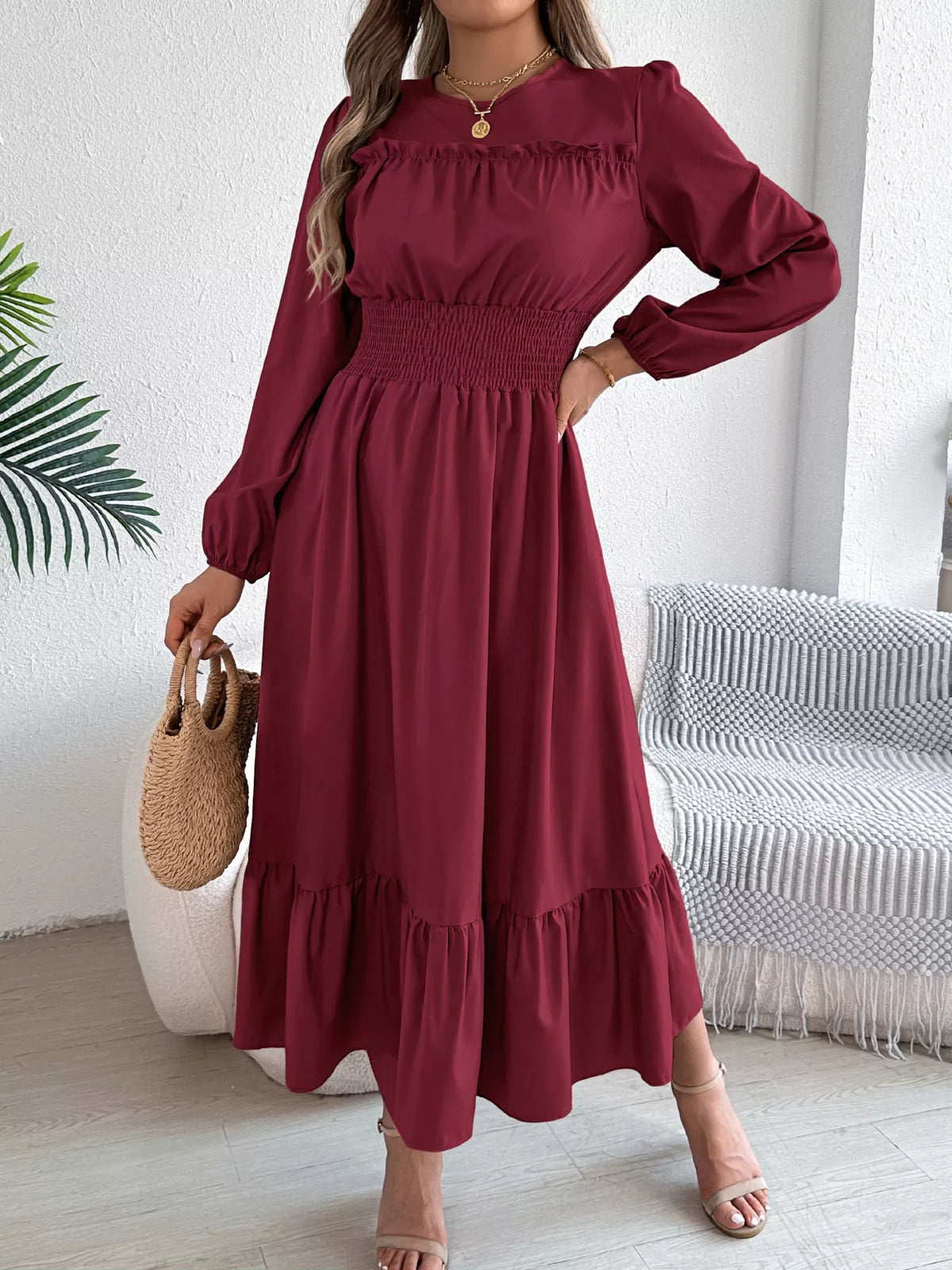 Round Neck Balloon Sleeve Tiered Dress