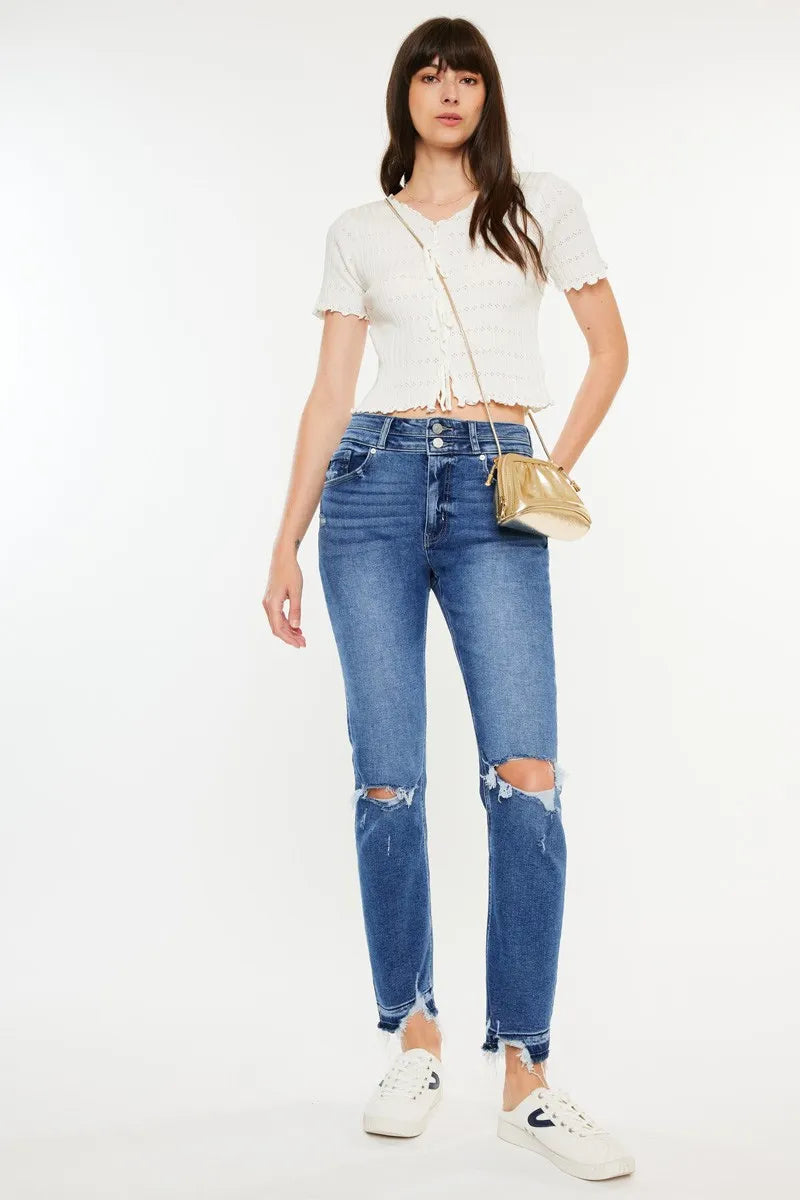 Kancan High Rise Distressed Slim Straight Jeans - Ladyez