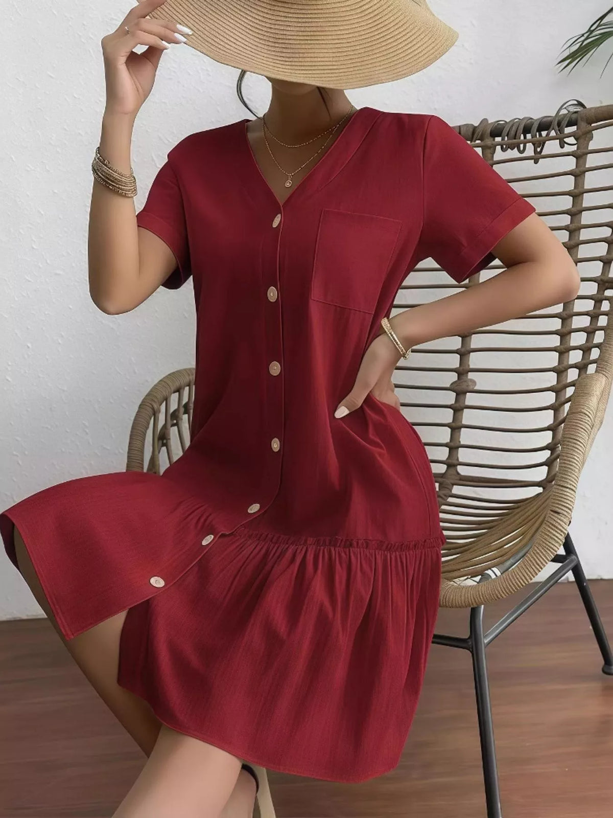 Full Size Button-Front Short Sleeve Tiered Dress Plus Size