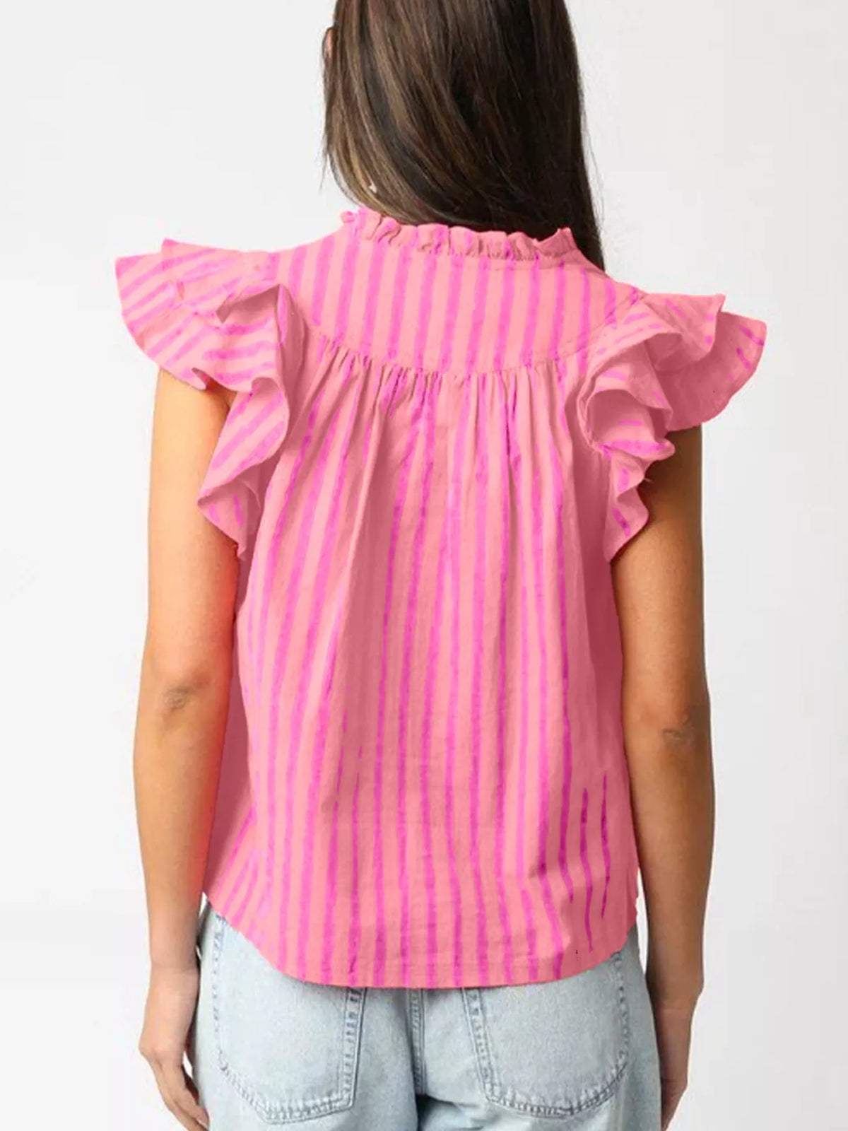 Stripe Split Neck Ruffled Summer Blouse