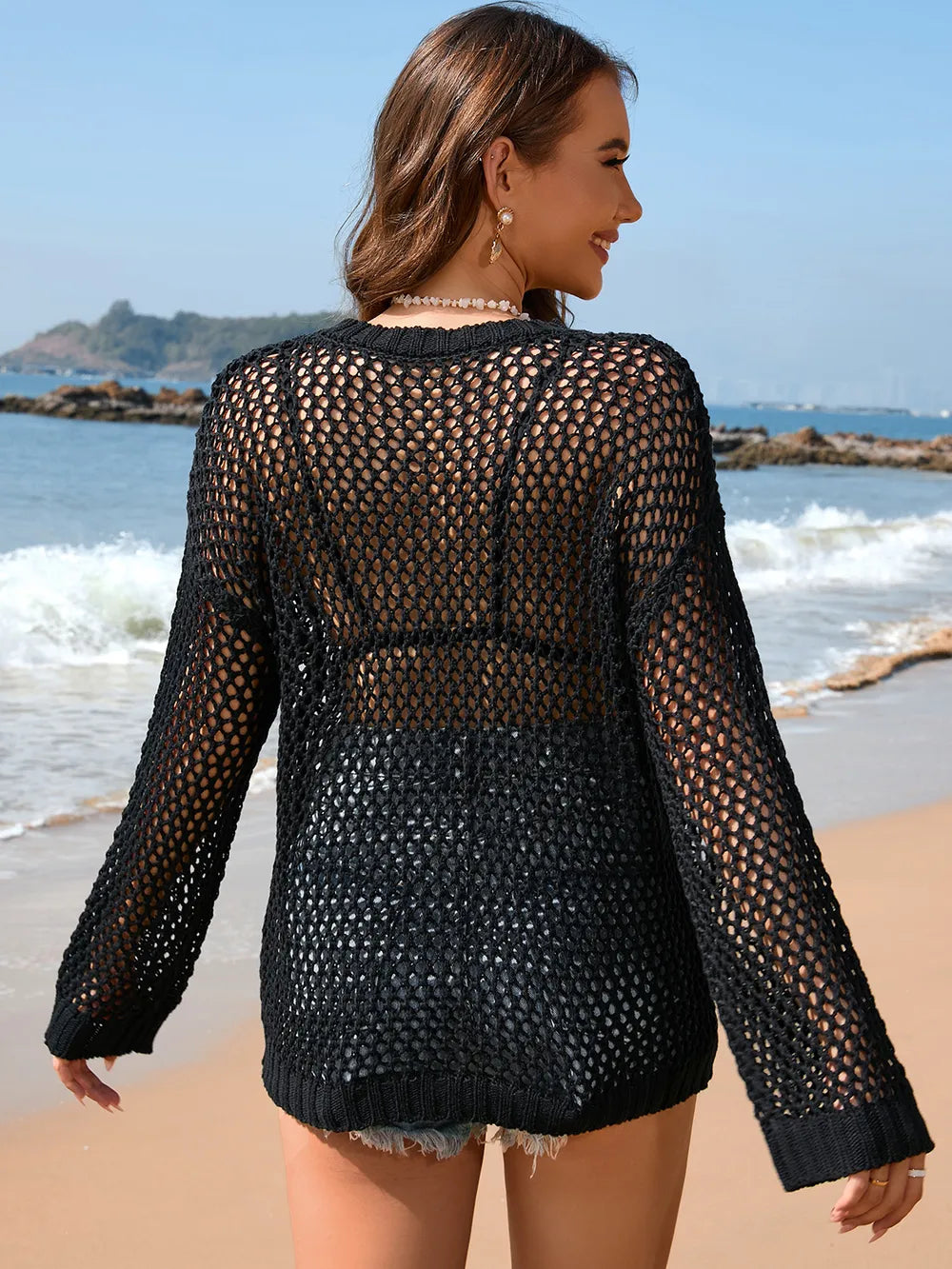 Heart Openwork Long Sleeve Cover-Up - Ladyez