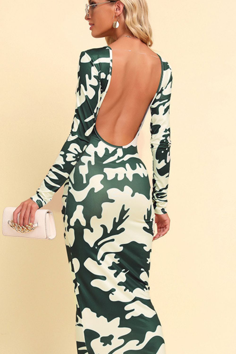 Printed Backless Long Sleeve Maxi Dress - Ladyez